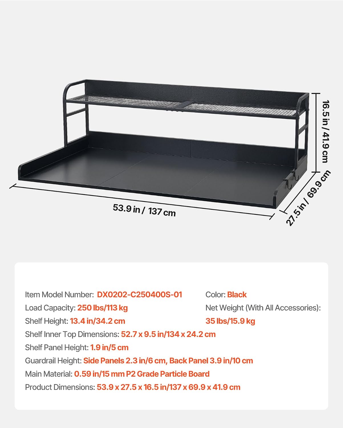 VEVOR Washer Dryer Countertop with 2-Tier Shelf, 54" x 27" Wooden Washer and Dryer Countertop with Anti-Slip Pads, Water-Resistant Laundry Topper Cover for Laundry Room Organization and Storage, Black