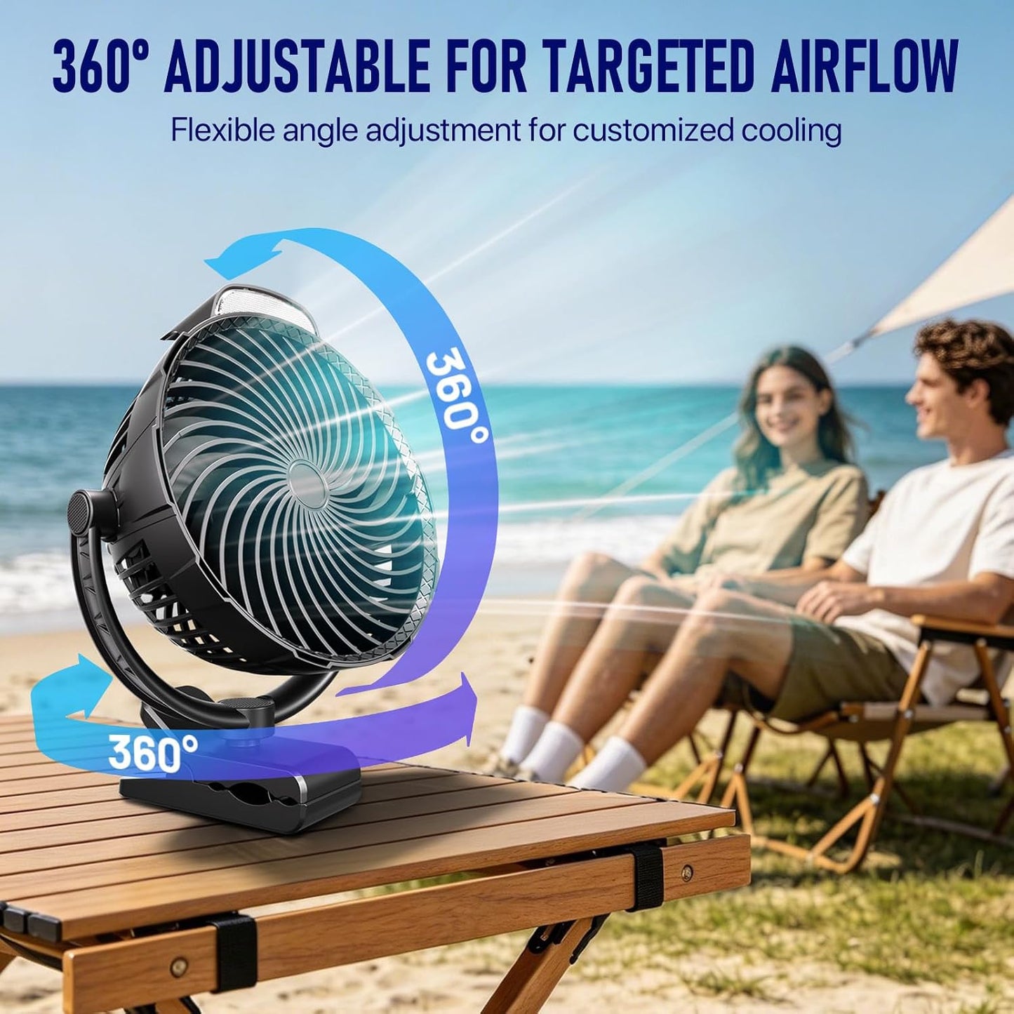8-Inch Rechargeable Clip on Fan, 10000mAh Portable Camping Fan with LED Light, 9-Speed Ultra Quiet Airflow, 30H Runtime, 360° Rotating Desk Fan for Golf Cart, Bedroom, Office, Dorm, Black