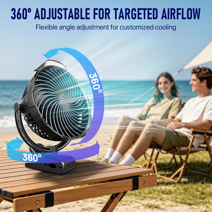 8-Inch Rechargeable Clip on Fan, 10000mAh Portable Camping Fan with LED Light, 9-Speed Ultra Quiet Airflow, 30H Runtime, 360° Rotating Desk Fan for Golf Cart, Bedroom, Office, Dorm, Black
