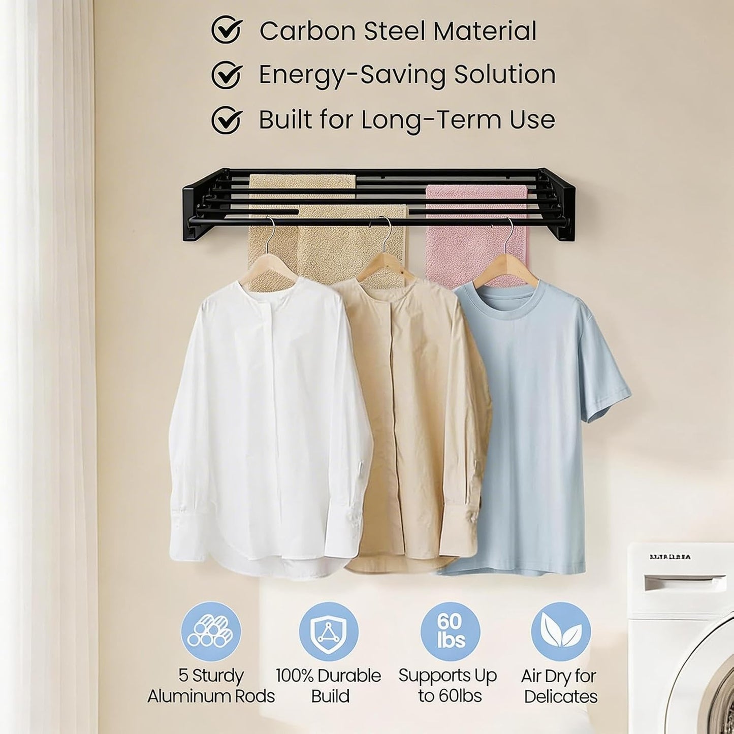 Wall Mounted Laundry Drying Rack, Carbon Steel Foldable & Retractable Clothes Drying Rack, Space Saving Adjustable Towel Holder for Bathroom, Laundry, Small Spaces (1, White, 31.5")