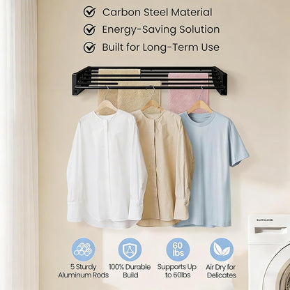 Wall Mounted Laundry Drying Rack, Carbon Steel Foldable & Retractable Clothes Drying Rack, Space Saving Adjustable Towel Holder for Bathroom, Laundry, Small Spaces (1, White, 31.5")