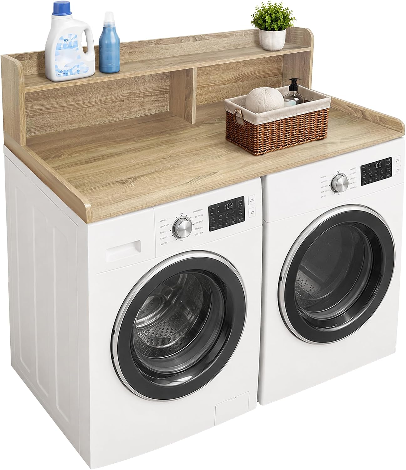 Royxen Laundry Countertop with 2-Tier Shelf Universal Fit, Washer and Dryer Countertop with Storage Space, Shelf Height 11.5 Inches, Solid Wood Core, Oak