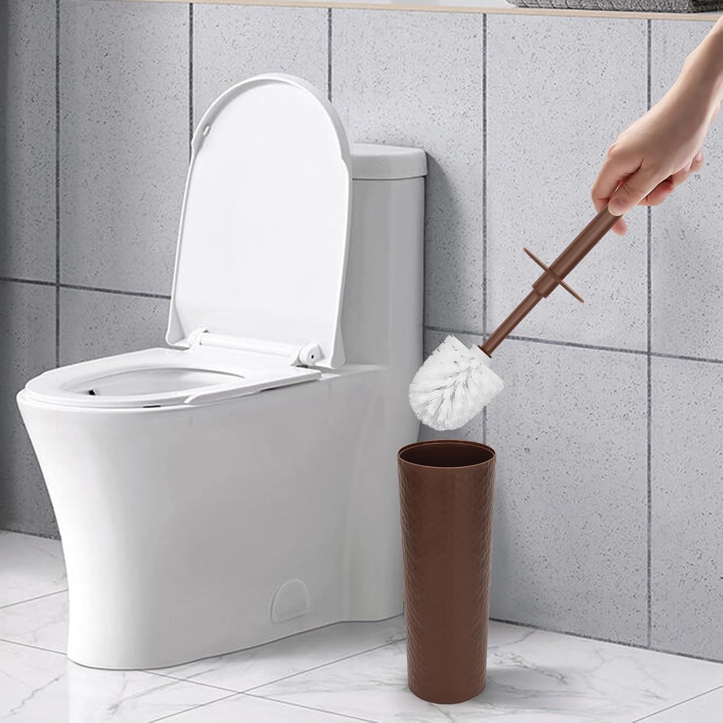 Topsky 2 Pack Compact Toilet Brush & Holder Set, Plastic Round Barrel Loo Brush with 2 Replacement Toilet Brush Head, Durable for Bathroom Toilet, Gray