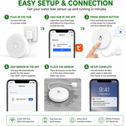 WiFi Water Leak Detector with Flexible Probes for Home, Hub & 3 Water Sensors, App Alerts, Loud Hub Alarm, 330FT Range, Alarm for Basement, Water Heater, Washing Machine & Under Sink