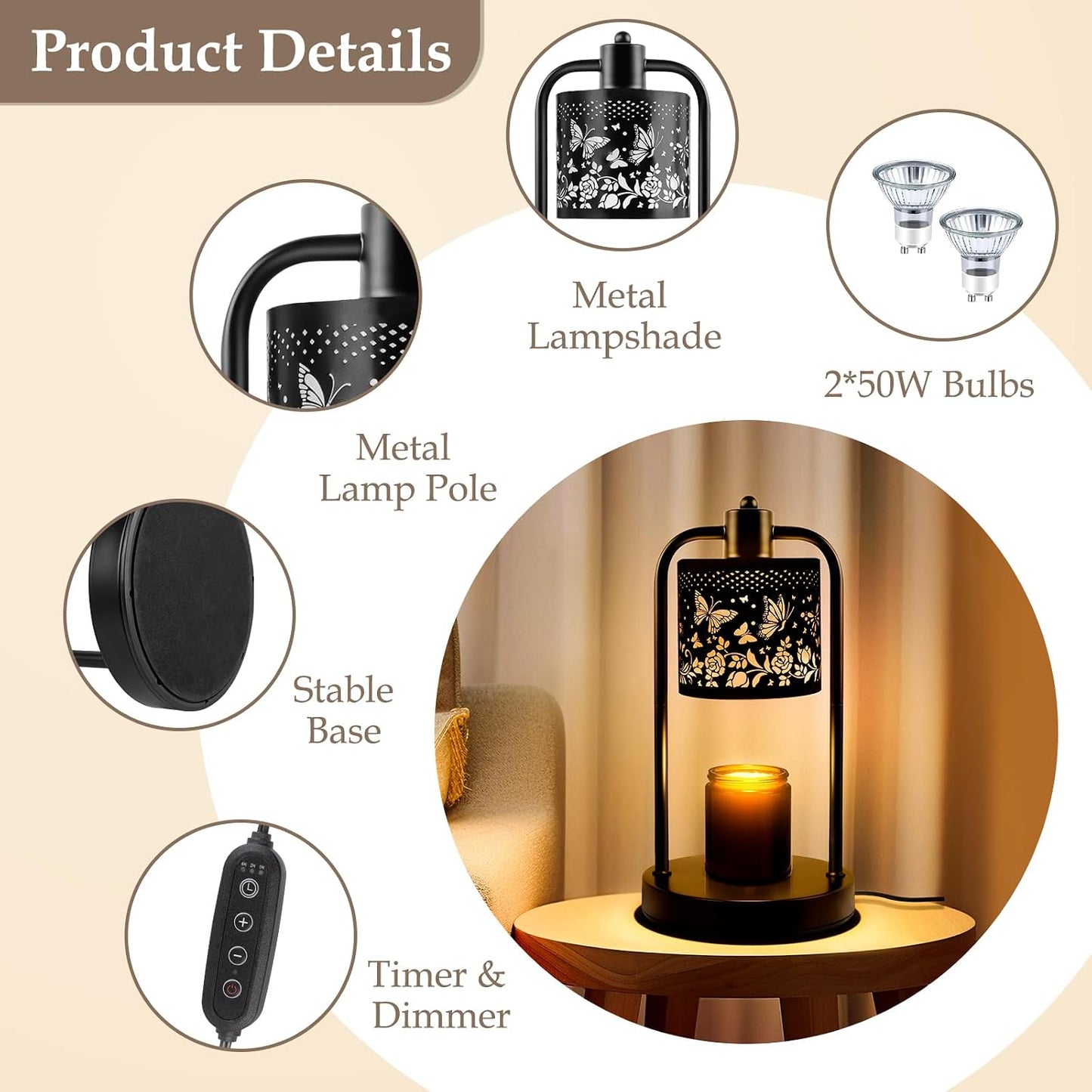 Candle Warmer Lamp Electric with Timer: Wax Melts Warmer - Dimmable Candle Wax Warmer Electric Candle Warmer with Replacement Bulbs, Bedroom Home Decor Compatible with Various Candles-Linen