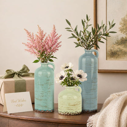 TBWIND Ceramic Vases Set of 3, Neutral Pottery Rustic Farmhouse Flower Vase | Small Decorative Flower Vases Modern Home Decor for Table Mantel Entryway Bookshelf Living Room Kitchen Bedroom