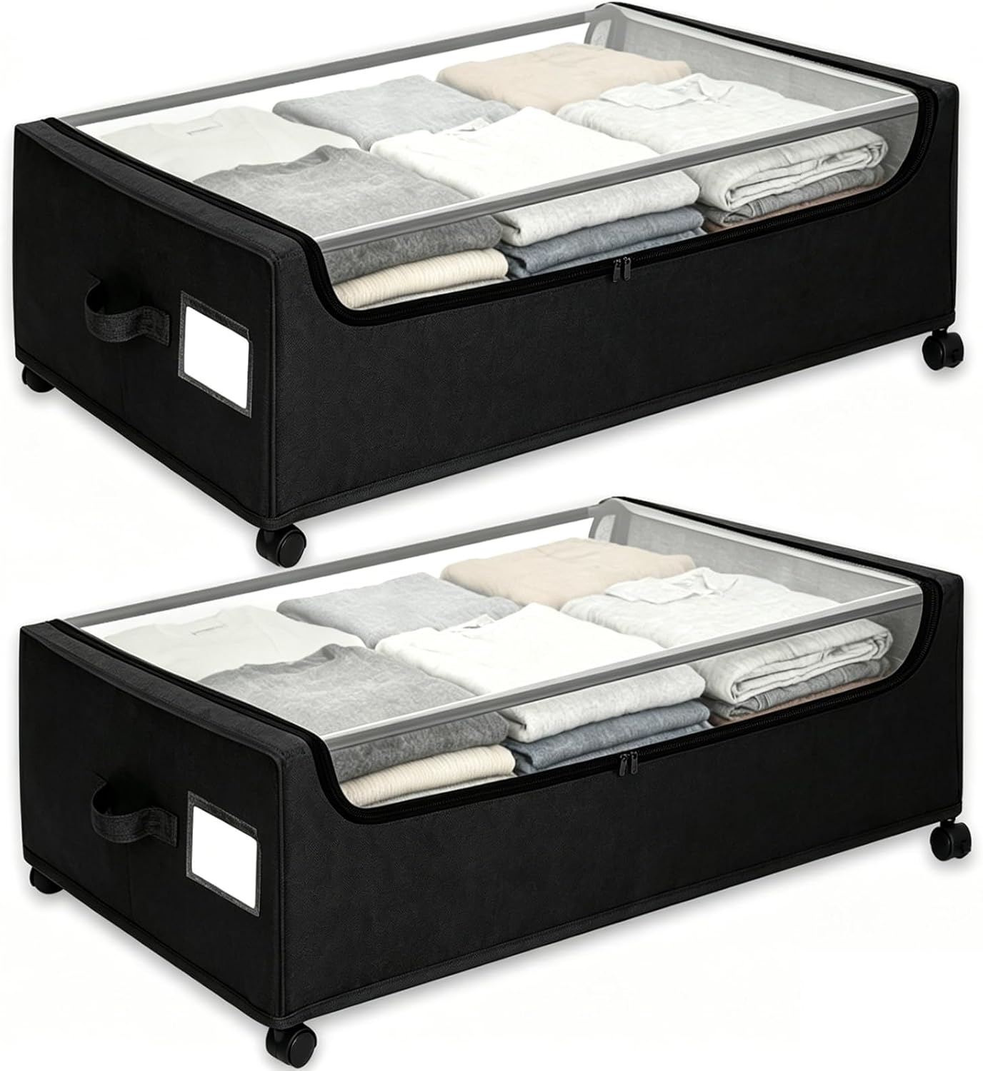 Under Bed Storage with Wheels, 2-Pack Under the Bed Storage Containers with Clear Lids & Label, Underbed Storage Bins, XXXL 85L 11 inches Rolling Metal Drawer for Clothes, Shoes, Toys, Books - Gray