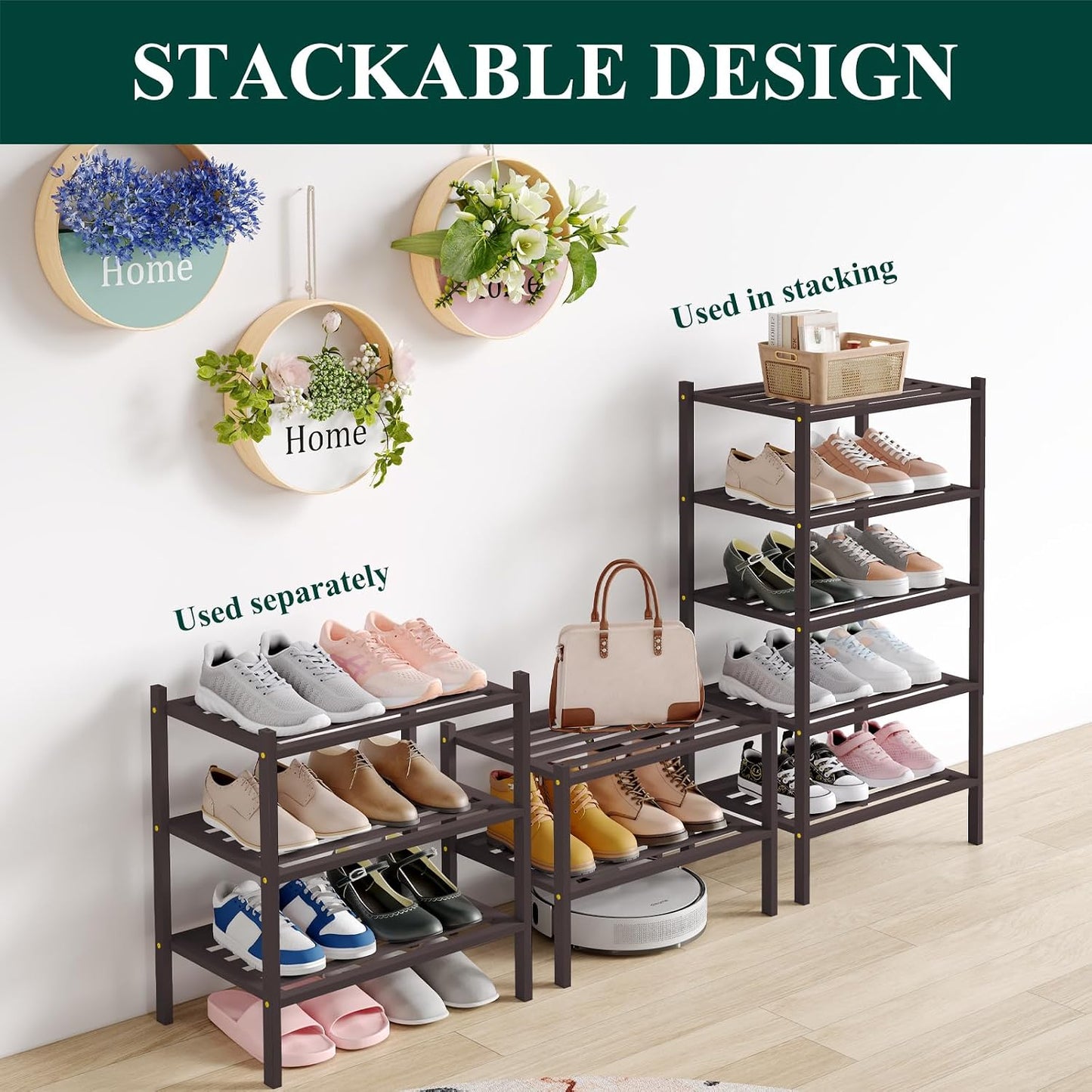Smiry Bamboo Shoe Rack, 3 Tier Free Standing Wooden Shoe Organizer, Stackable Wood Shoe Storage Shelf for Closet, Entryway, 5 Horizontal Slats, 26.8"x11"x18.3", Natural