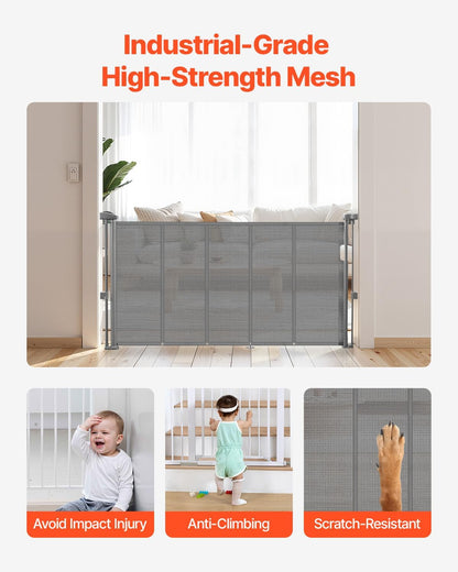 VEVOR Retractable Baby Gate, 34 inch Tall, Extends up to 71 inch Wide, Retractable Gate for Kids or Pets, Mesh Material, Easy to Install for Indoor Stairs, Doorways, Hallways, Playrooms, Gray