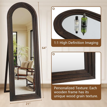 MELOMOIR Arched Full Length Mirror with Solid Wood Frame, 56"x21" Rustic Farmhouse Floor Mirror with Stand, Free Standing Leaning Hanging, for Bedroom Living Room Dressing Room Entryway, Brown