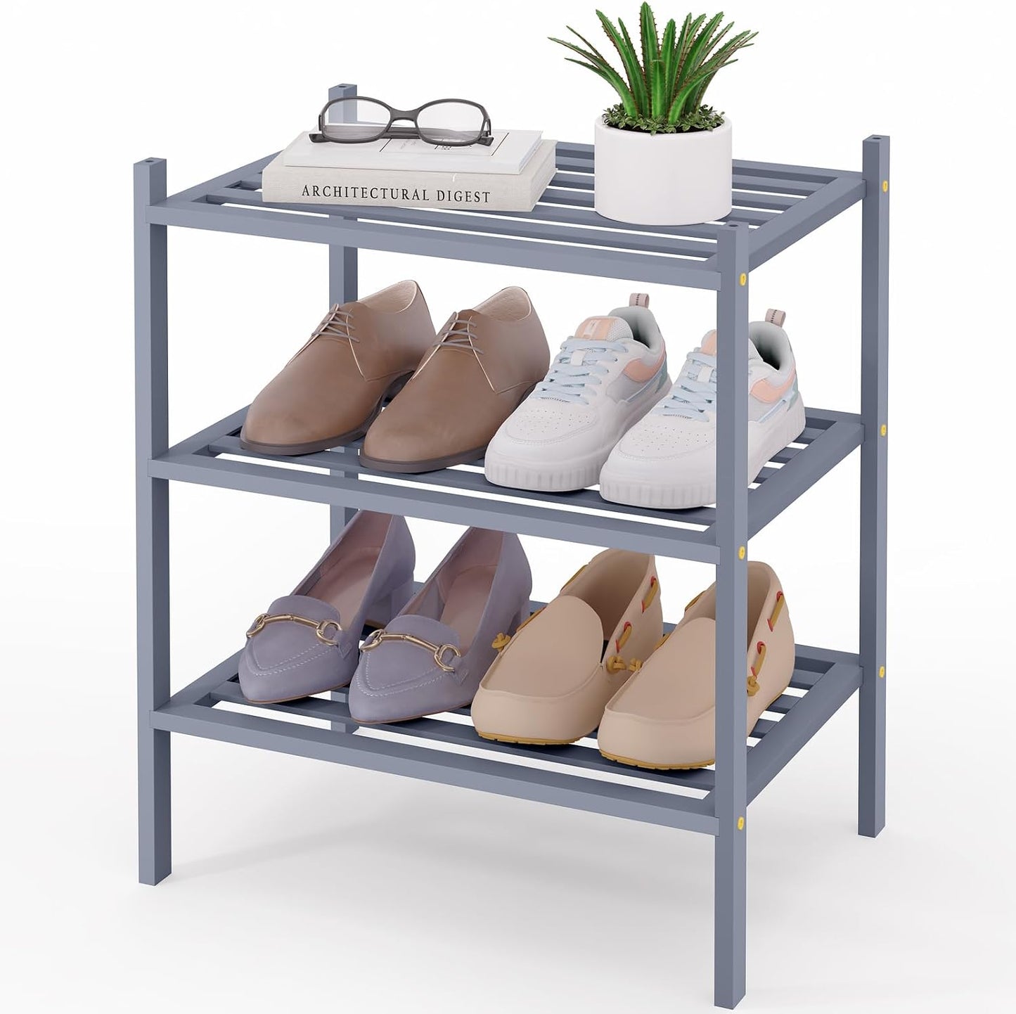 Smiry Bamboo Shoe Rack, 3 Tier Free Standing Wooden Shoe Organizer, Stackable Wood Shoe Storage Shelf for Closet, Entryway, 5 Horizontal Slats, 26.8"x11"x18.3", Natural