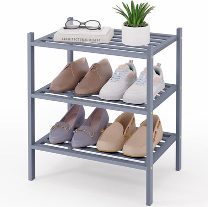 Smiry Bamboo Shoe Rack, 3 Tier Free Standing Wooden Shoe Organizer, Stackable Wood Shoe Storage Shelf for Closet, Entryway, 5 Horizontal Slats, 26.8"x11"x18.3", Natural