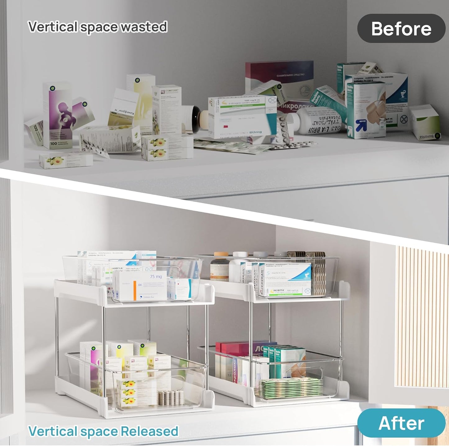 Vtopmart 2 Tier Bathroom Storage Organizer, 2 Pack Clear Under Sink Organizers Vanity Counter Container, Cabinet Drawers Bins, Pull-Out Organization with Track for Pantry, Kitchen