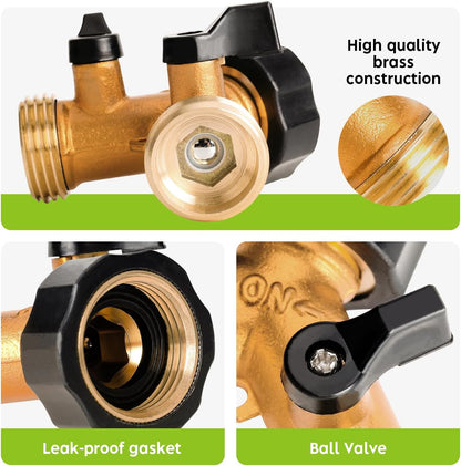 A30008-D Brass Hose Y Connector Brass Garden Hose Adapter, Garden Hose Splitter 2 Way Heavy Duty, Hose Bib Splitter with 2 Extra Rubber Washers-2PACK