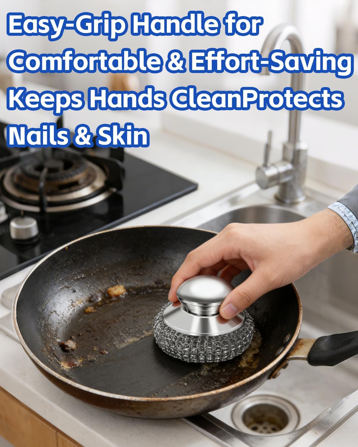 2 Pack Stainless Steel Scrubber with Handle, Includes 2 Replacement Steel Wool Pads, Heavy-Duty Scouring Brush for Pots, Pans, Stovetops and Kitchen Cleaning