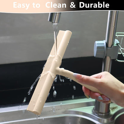Squeegee for Shower Glass Doors, Resilient Loop - No-Drill & Adhesive Hook, Silicone Shower Squeegee with Stainless Steel Core, Cleaning Tool for Home, Kitchen, Bathroom & Car - Black