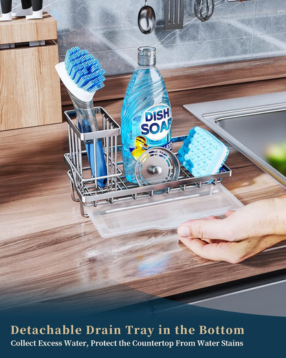 Consumest Sponge Holder for Kitchen Sink - Kitchen Sink Caddy Organizer with Removable Drip Tray for Countertop Dish Soap Dispenser Brush Storage Accessories 304 Stainless Steel - Black