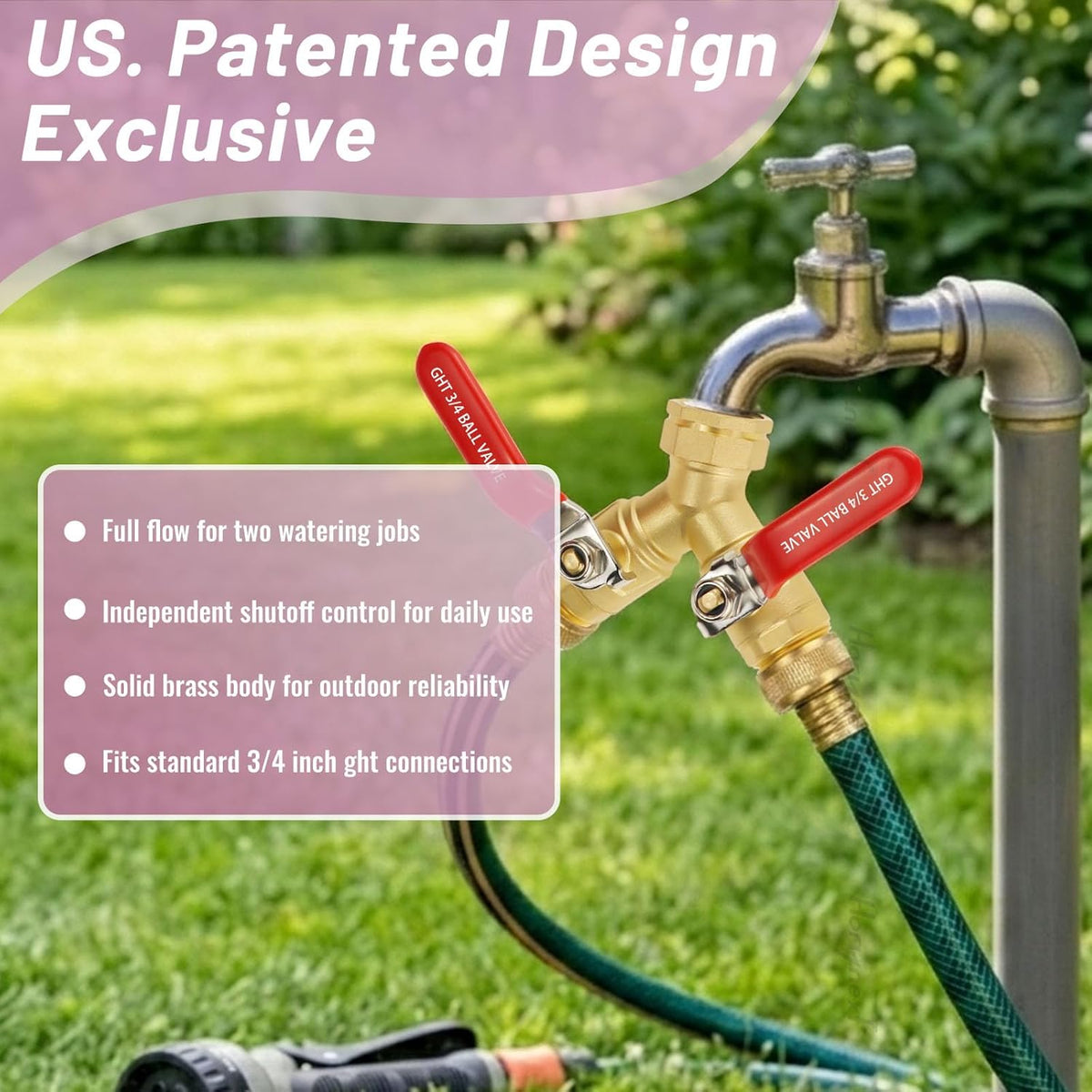 Hose Splitter 2 Way Heavy Duty, Brass Garden Hose Splitter | Full Flow Outdoor Faucet Splitter with Independent Shutoff Valves for 3/4 Inch GHT Water Spigot and Hose Bib