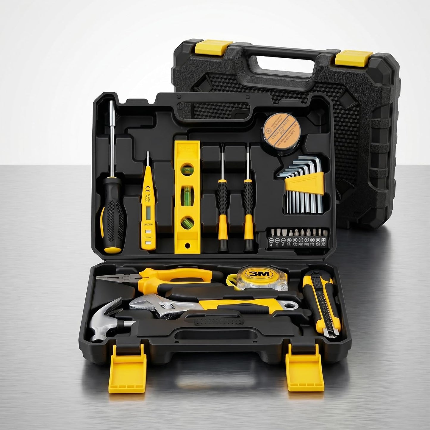 Basic Home Tool Set Household Tool kit for General Repair 8 Pcs | Includes Claw Hammer, Pliers ,Tape Measure, Phillips & Flathead Screwdriver, Electric Pen, Utility Knife, Insulating Tape