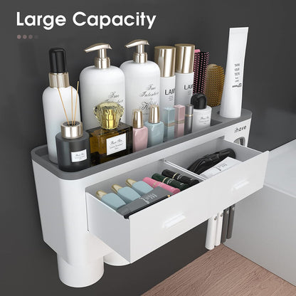iHave Toothbrush Holders for Bathrooms, 2 Cups Toothbrush Holder Wall Mounted with Toothpaste Dispenser - Large Capacity Tray, Cosmetic Drawer - Tooth Brushing Holder & Bathroom Accessories