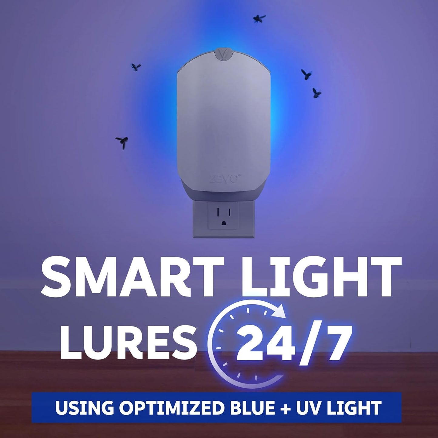 Zevo Flying Insect Trap - Plug-in Indoor Fly Trap and Bug Light Trap Refill with Blue and UV Light - No-Mess Cartridge for House Flies, Fruit Fly Trap and Gnats (1 Plug-in Base and 1 Cartridge)