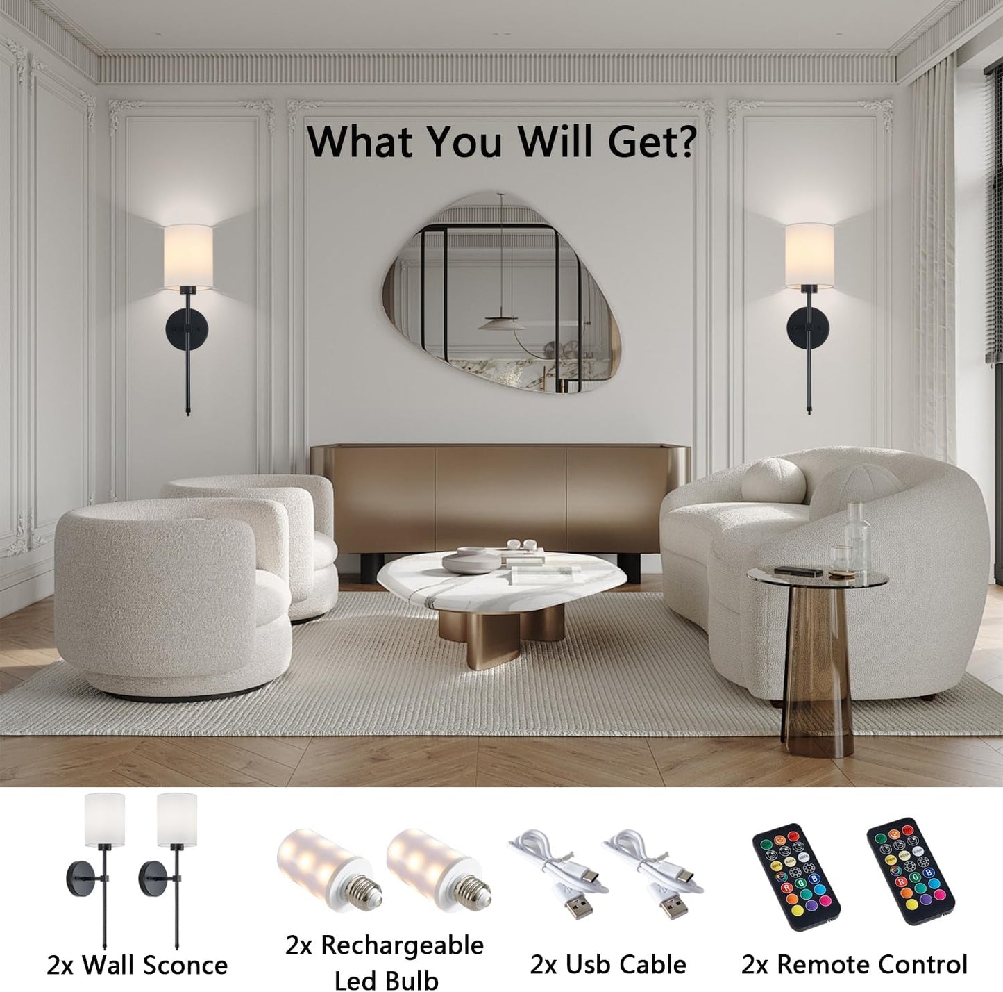 Battery Operated Wall Sconce Set of 2, Brushed Gold Rechargeable Wall Lights with Remote Control and Dimmable LED Bulbs, 13 Light Colors Wireless Wall Lamps for Bedroom Living Room Hallway (Gold)