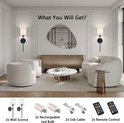 Battery Operated Wall Sconce Set of 2, Brushed Gold Rechargeable Wall Lights with Remote Control and Dimmable LED Bulbs, 13 Light Colors Wireless Wall Lamps for Bedroom Living Room Hallway (Gold)