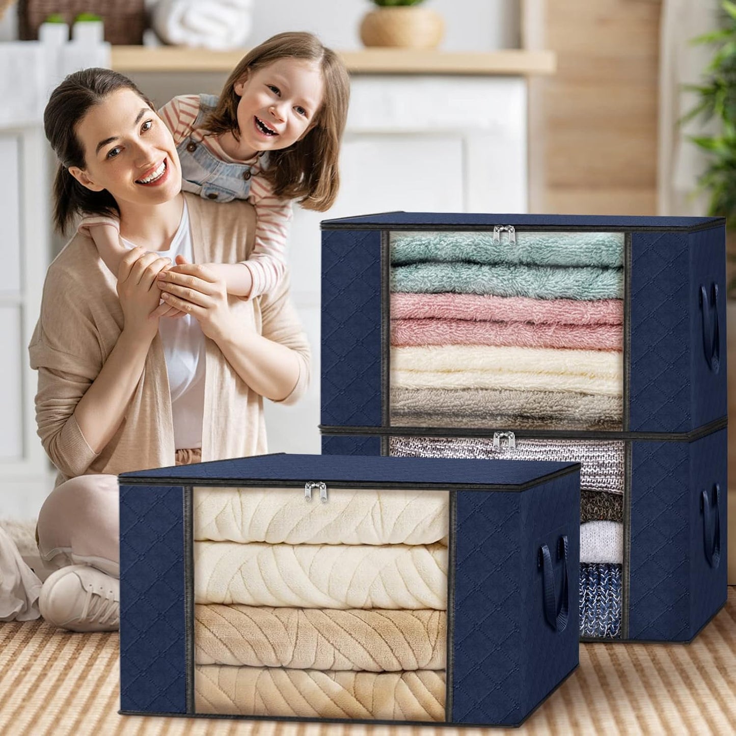 Fab totes 6 Pack Storage Bags for Clothes and Blanket, Foldable Closet Organizers and Storage with Zippers, Clear Window and Handles, Fabric Storage Bins for Sweater, Comforter, Bedding,Linen Sheets