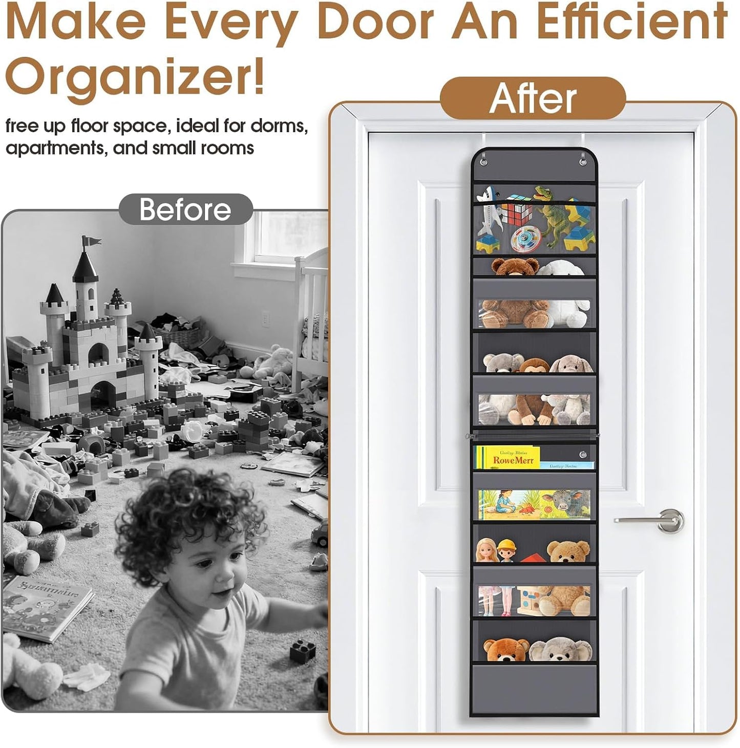WISELIFE Over The Door Organizer Storage with 4 Large Pockets Door Hanging Organizer with Clear Windows behind The Door Storage for Nursery Bedroom Bathroom Pantry Closet and Baby Essentials Dark Grey