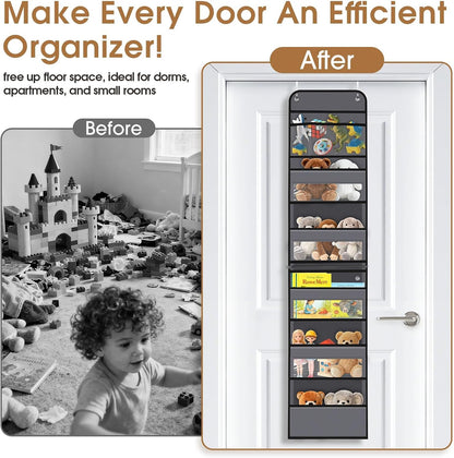 WISELIFE Over The Door Organizer Storage with 4 Large Pockets Door Hanging Organizer with Clear Windows behind The Door Storage for Nursery Bedroom Bathroom Pantry Closet and Baby Essentials Dark Grey