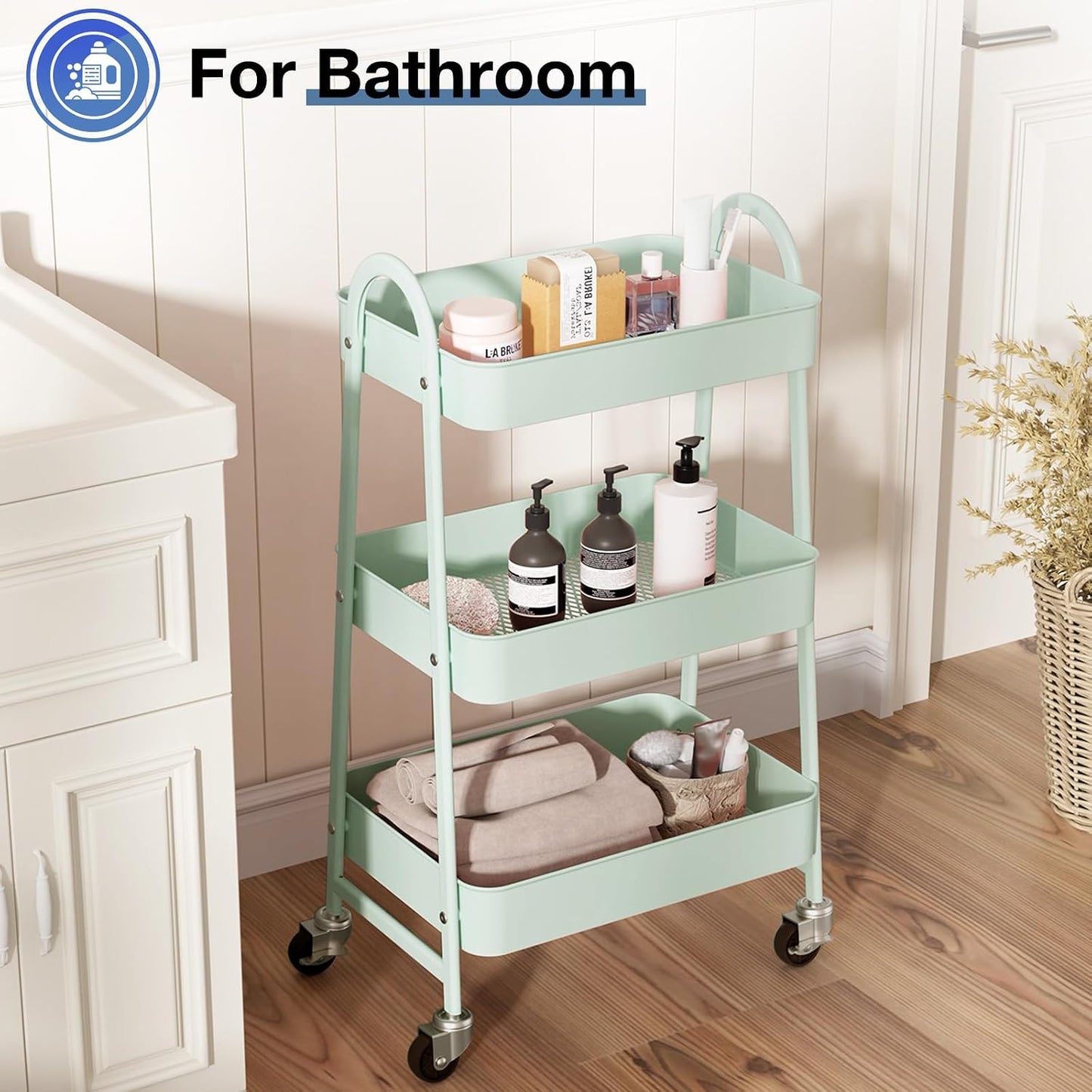 OLIXIS Metal 4 Tiers Utility Rolling Cart, Mobile Storage Shelf with Lockable Caster Wheels, Organization for Livingroom, Bathroom, Kitchen, & Narrow Places, 4-Tier Green