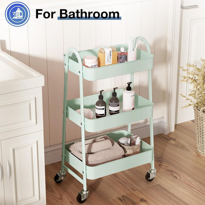 OLIXIS Metal 4 Tiers Utility Rolling Cart, Mobile Storage Shelf with Lockable Caster Wheels, Organization for Livingroom, Bathroom, Kitchen, & Narrow Places, 4-Tier Green