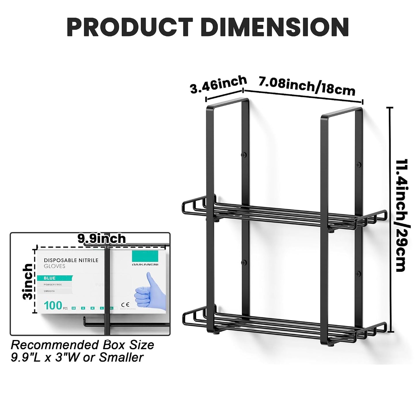Glove Holder Dispenser for Wall Mount Metal Disposable Latex Glove Box Holder for Home Office, Lab and Garage, Tissue Wire Rack Wall-Mounted for Kitchen Organizer Decor, Blak