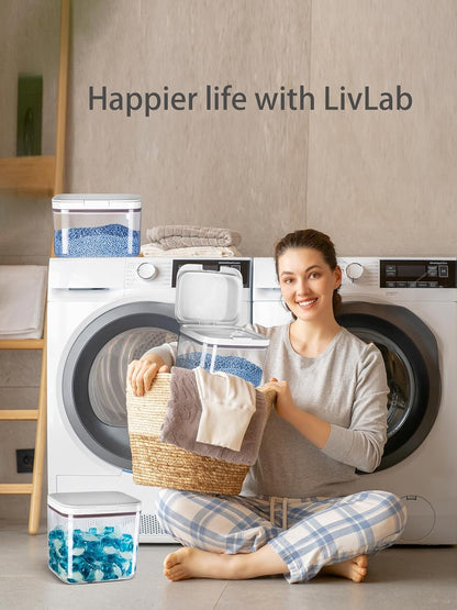 LivLab Mker Laundry detergent dispenser with One-Press Lid,for laundry room organization,Clear PET laundry powder container with Measuring Cup,laundry pods container 4.5L/10Lbs/160oz(220 Pods)