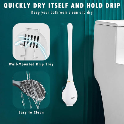Modern Flexible Silicone Toilet Caspa, Silicone Toilet Bowl Brush and Holder Set, Flat Flexible Brush Holder Set, Water Drop Toilet Brush, Toilet Wand Cleaning Kit Wall Mounted(White)