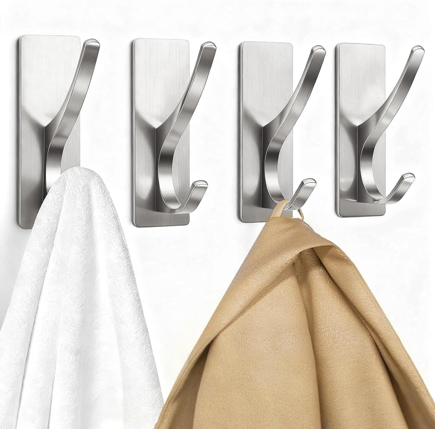 pickpiff White Self Adhesive Coat Hooks for Hanging: 13LB Extra Strong Stainless Wall Hook for Towel, Utensil, Backpack, Hat, Sturdy Metal Hanger for Bathroom, Kitchen, Door, 4-Pack