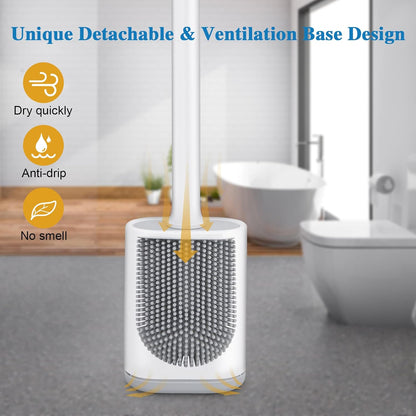 Silicone Toilet Brush and Holder Bendable Efficient Cleaning Wall Mounted Toilet Bowl Brush with Long Handle Brush Head and Silicone Bristles No Rusty Handles Problem (White)