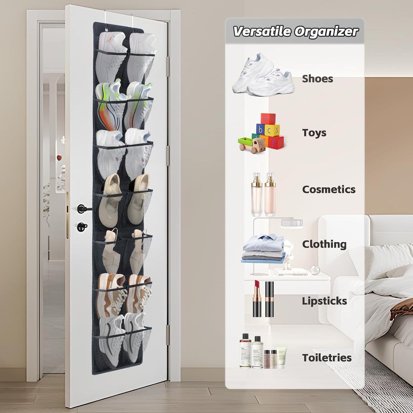 PVWSG Over The Door Shoe Organizer, 14 Large Mesh Pockets Hanging Shoe Rack for Closet Organizers and Storage, White, 2-pack (white)