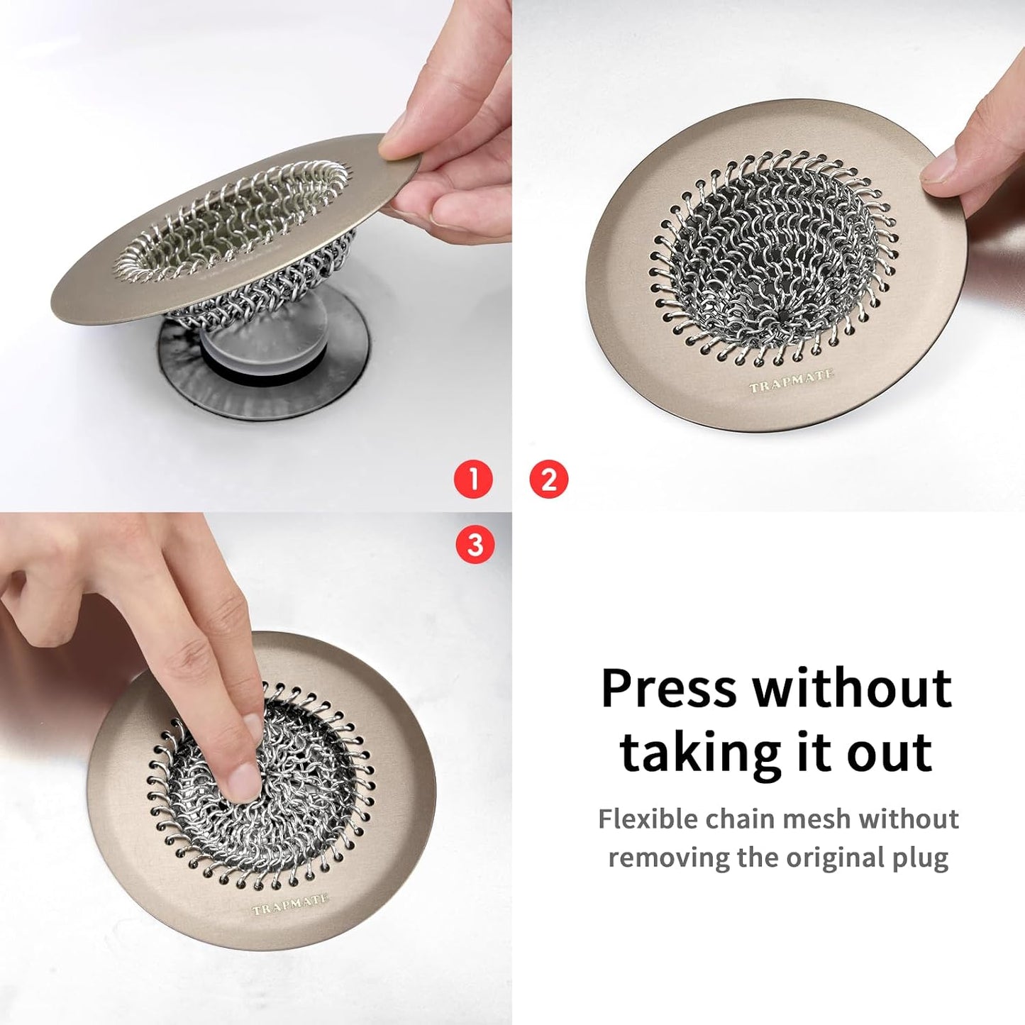 TRAPMATE Shower Drain Hair Catcher, 4.4" Easy Clean Bathtub Drain Hair Catcher, Anti-Slip Bath Tub Drain Protector, Upgraded 304 Stainless Steel Shower Sink Drain Cover for Bathroom (Patented Product)