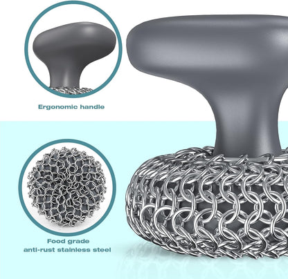 Cast Iron Scrubber | Dish Scrub Brush | 316 Cleaner Chainmail Scrubber for Cast Iron Pan Skillet Cleaner - Dish Scouring Pad Dishwasher Safe Cleaning Kit, Black 02