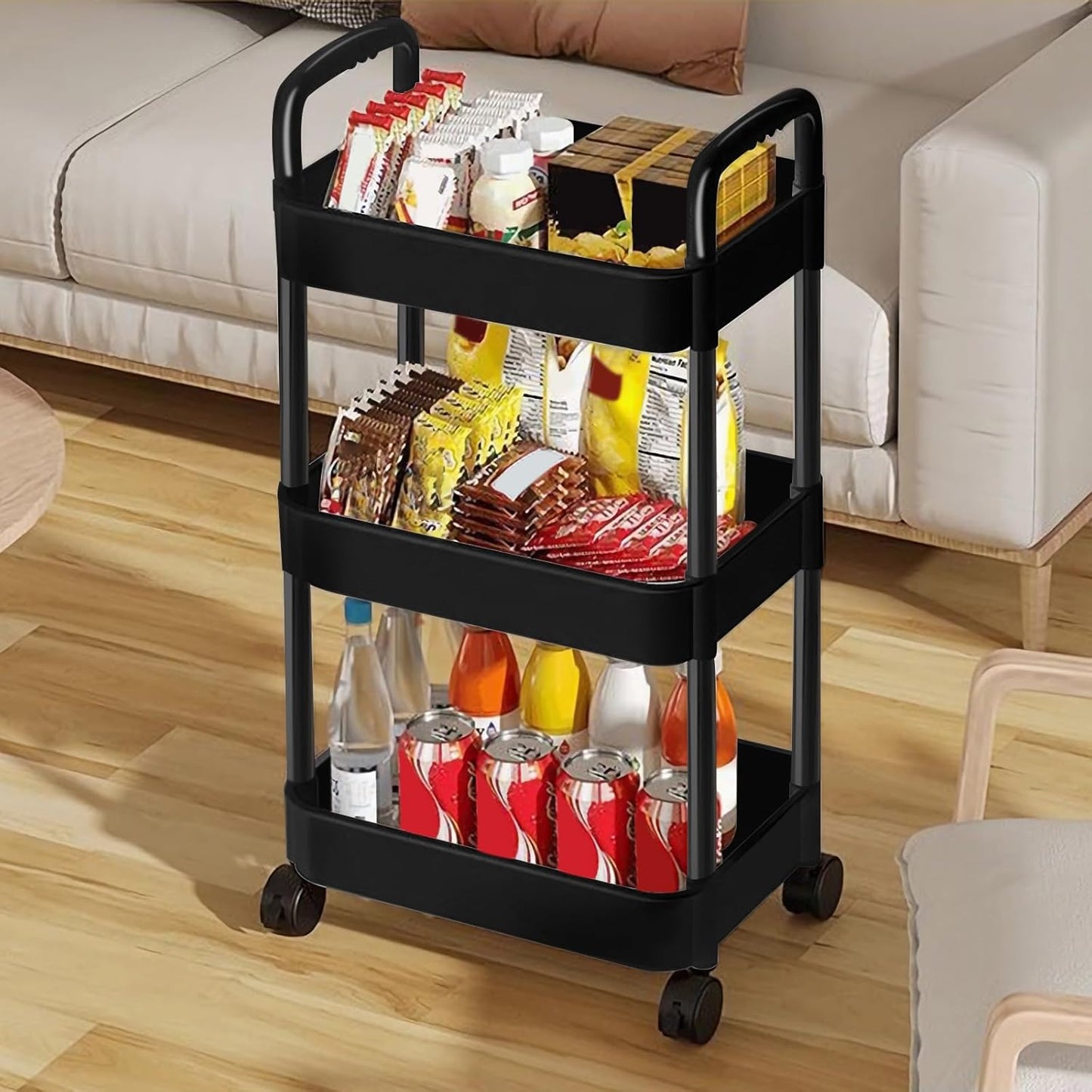 EZ COZY 3 Tier Rolling Cart, Plastic Diaper Cart Organizer with Wheels, Roller Cart for Diapers, Baby Nursery, Kitchen, Bathroom, Living Room and Bedside, White