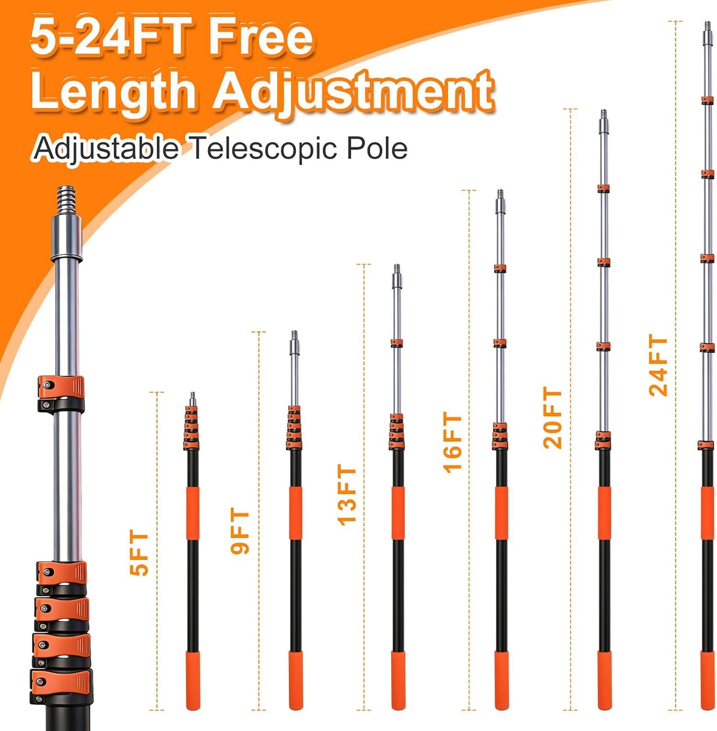 30FT High Reach Duster Kits with Dual Action Flip-Lock & Screw Fixing Design, 5-24FT Extension Pole, Cobweb Duster, Washable Ceiling Fan Cleaner & Window Squeegee for Glass & High Roof