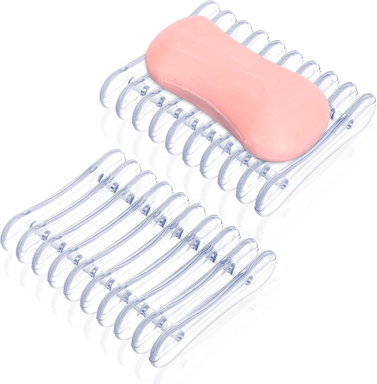 Gjinxi Self Draining Soap Dish Holder 2pcs, Clear Plastic Soap Holder, Soaps Bars Saver Easy Dry and Clean Soaps Stand for Kitchen Shower Room Bathroom Bath Tub Sponges