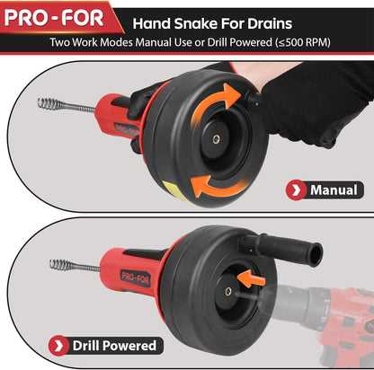 Drain Auger, 16.4FT Plumbing Snake Drain Clog Remover, Manual & Drill Powered Drain Snake for 0.75–2 Inch Pipes, Sink, Shower, Bathtub, Toilet, Kitchen Drain Cleaner Tool with Steel Cable