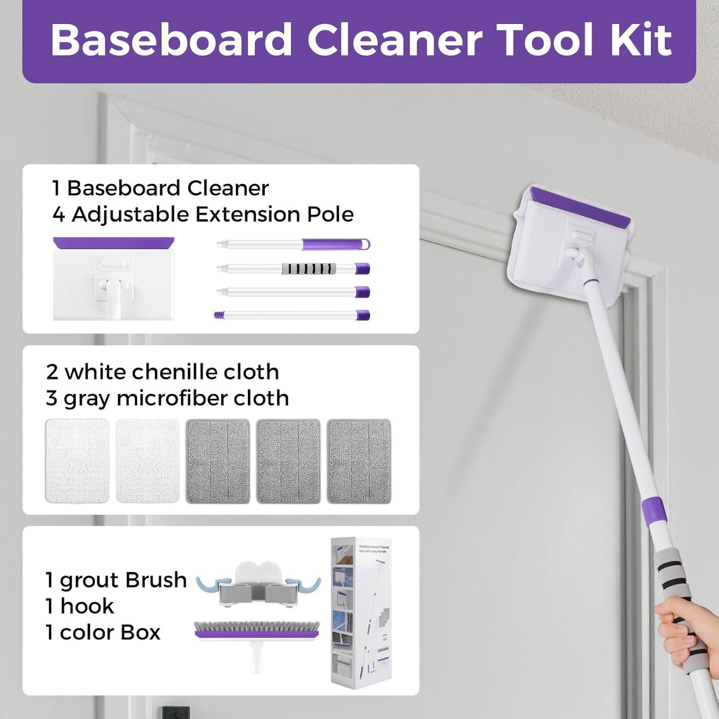 wlich Baseboard Cleaner Tool with Handle 2.0, 60" Extendable Long Handle, Dust Trapping and Locking, 5 Reusable Pads, Purple Base Boards Cleaning Tool for Moldings, Wall, Floor, Bathroom, Kitchen
