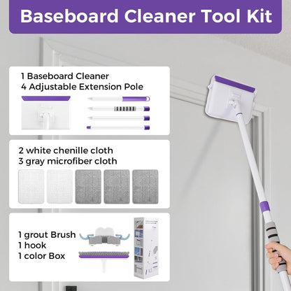 wlich Baseboard Cleaner Tool with Handle 2.0, 60" Extendable Long Handle, Dust Trapping and Locking, 5 Reusable Pads, Purple Base Boards Cleaning Tool for Moldings, Wall, Floor, Bathroom, Kitchen