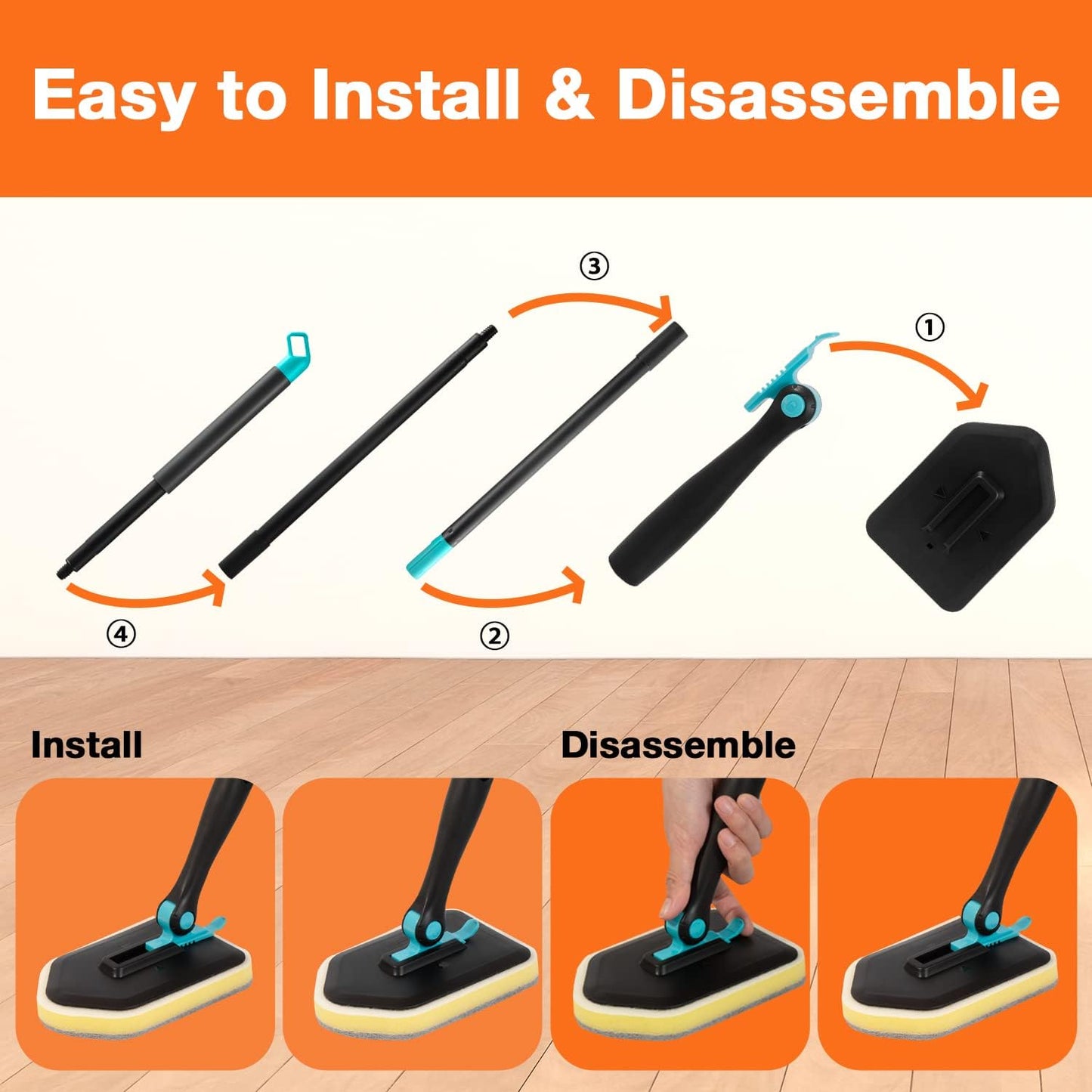 3 in 1 Scrub Cleaning Brush with Long Handle 51'' - Shower Bathtub Tub & Tile Scrubber Brush Include 1 Stiff Brush Head & 3 Scouring Pads & 3 Microfiber Clothes, for Wall Bathroom Glass Bathtub(White)