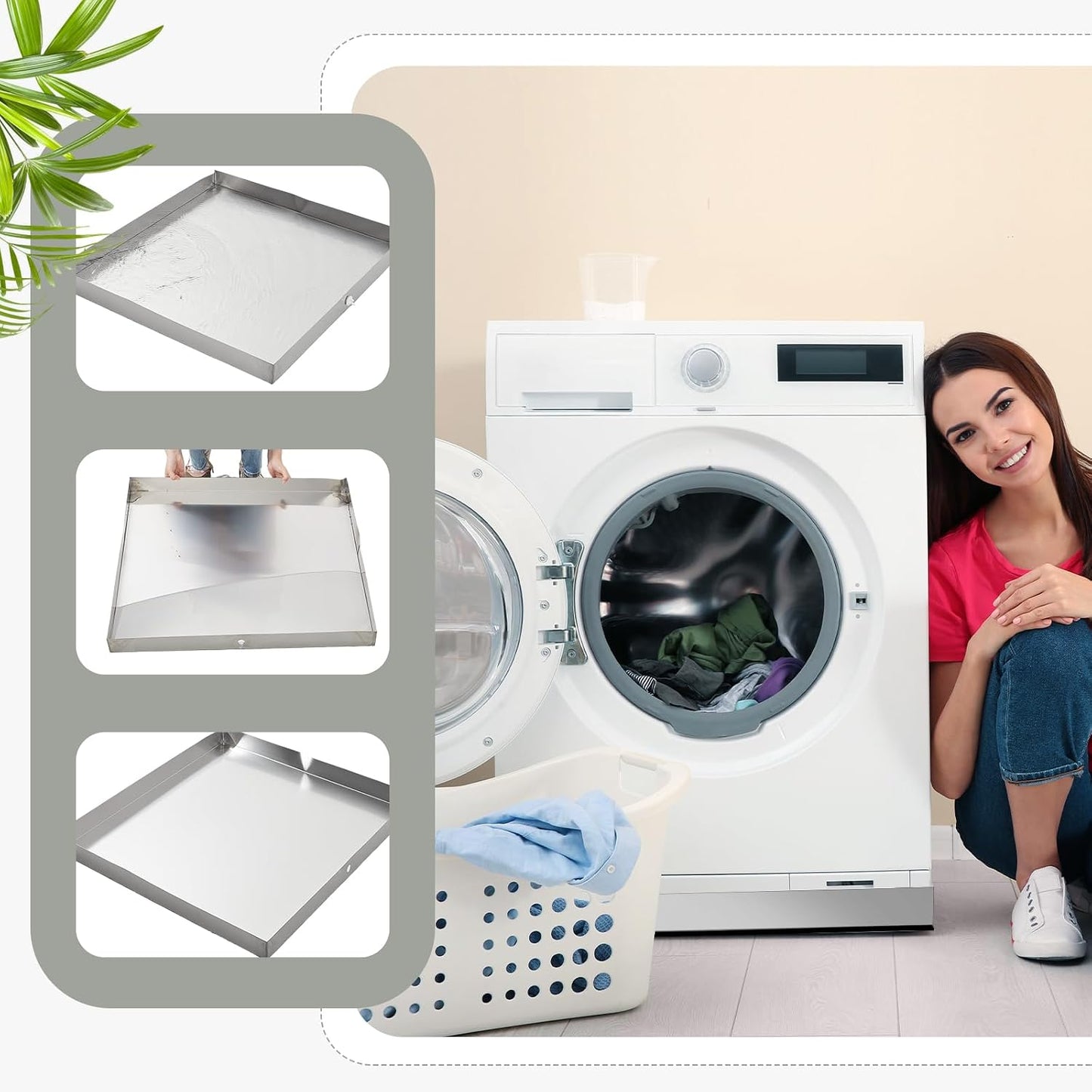 Tandefio 28" x 30" x 2.5" Washing Machine Drain Pan Washing Machine Tray for Floor Protection Heavy Duty 304 Stainless Steel Dishwasher Leak Pan with Drain Hole and Anti-slip Bottom Pad