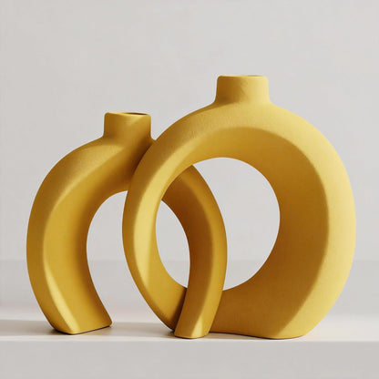 7.2″Hx8.9″H Donut Shape Decorative Vase Set of 2, Ceramic, Modern Minimalism Styles, Flowers or Plant Table Vases for Home Decor Living Room Shelf Entry Console Mantle Dining Centerpiece (Matte White)