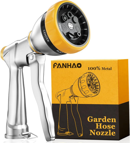 FANHAO Garden Hose Nozzle Heavy Duty Metal Spray Nozzle with Thumb Control, High Pressure Water Nozzle with 8 Adjustable Spray Patterns for Watering Plants, Washing Cars and Showering Pets